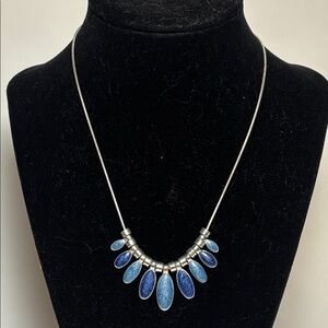 Contemporary Multi Tone Blue and Silver Tone Fashion Necklace 16”